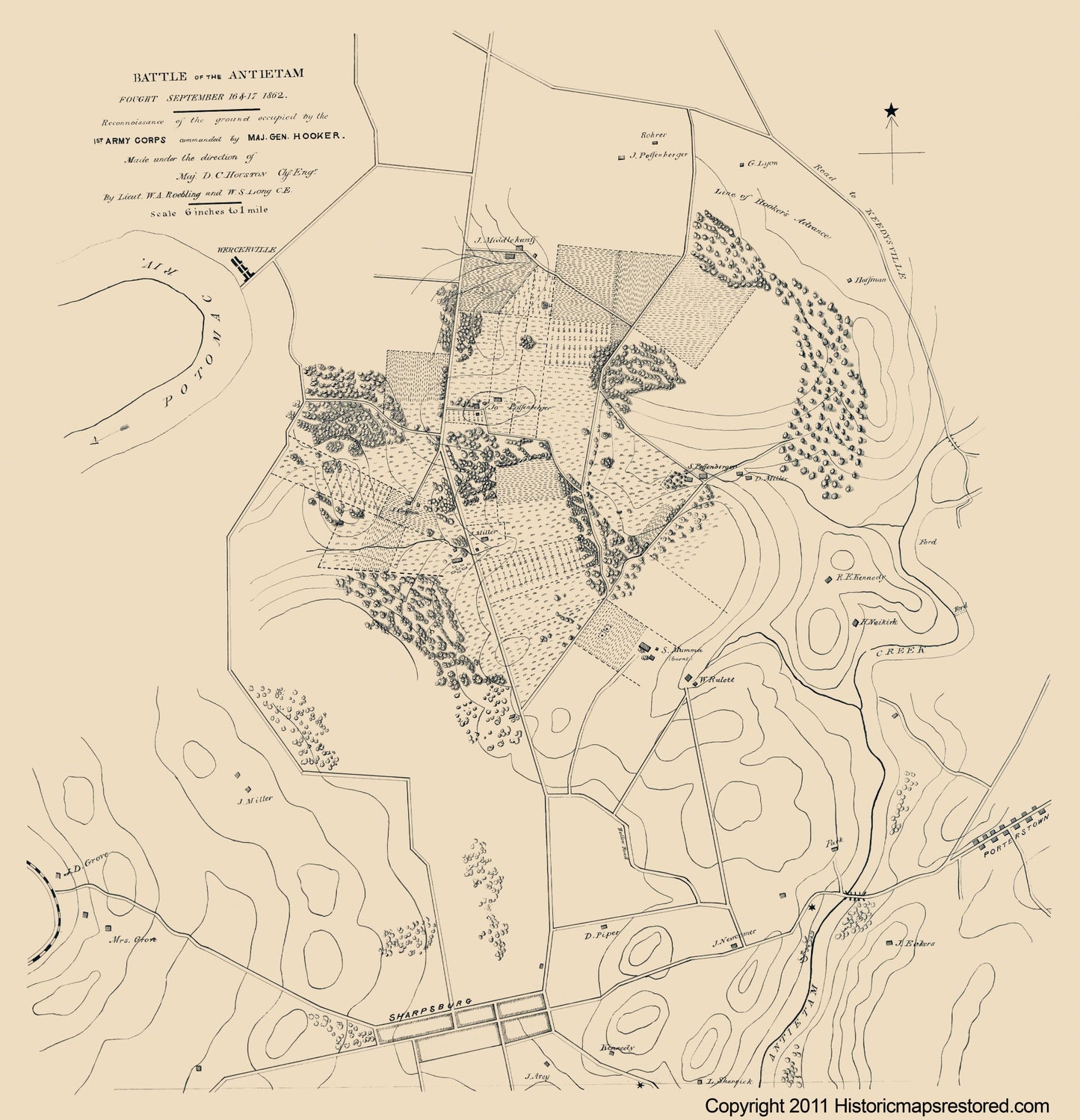 Historical Civil War Map - Antietam Battle September 16 - Houston 1862 - 23 x 23.86 - Vintage Wall Art