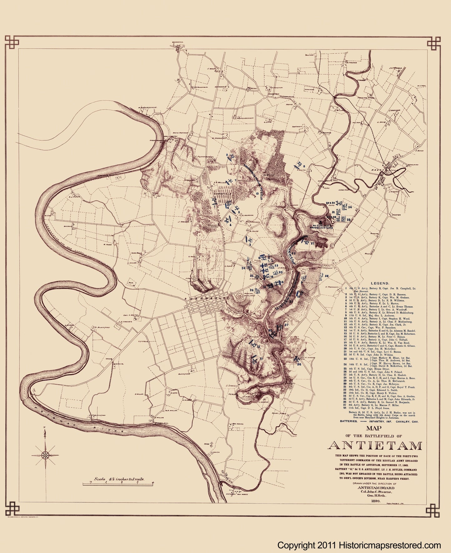 Historical Civil War Map - Antietam Battlefield - Stearns 1893 - 23 x 28.21 - Vintage Wall Art