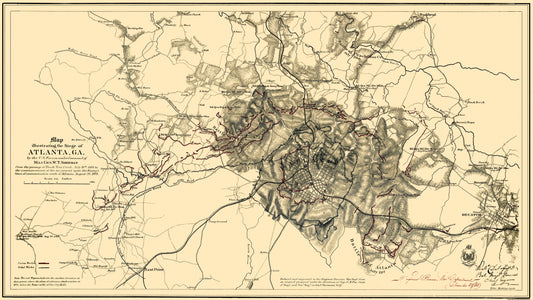 Historical Civil War Map - Atlanta Georgia Siege - Sherman 1865 - 40.94 x 23 - Vintage Wall Art