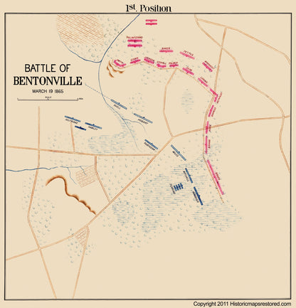 Historical Civil War Map - Bentonville North Carolina Battle 1st Position - 1865 - 23 x 23.92 - Vintage Wall Art