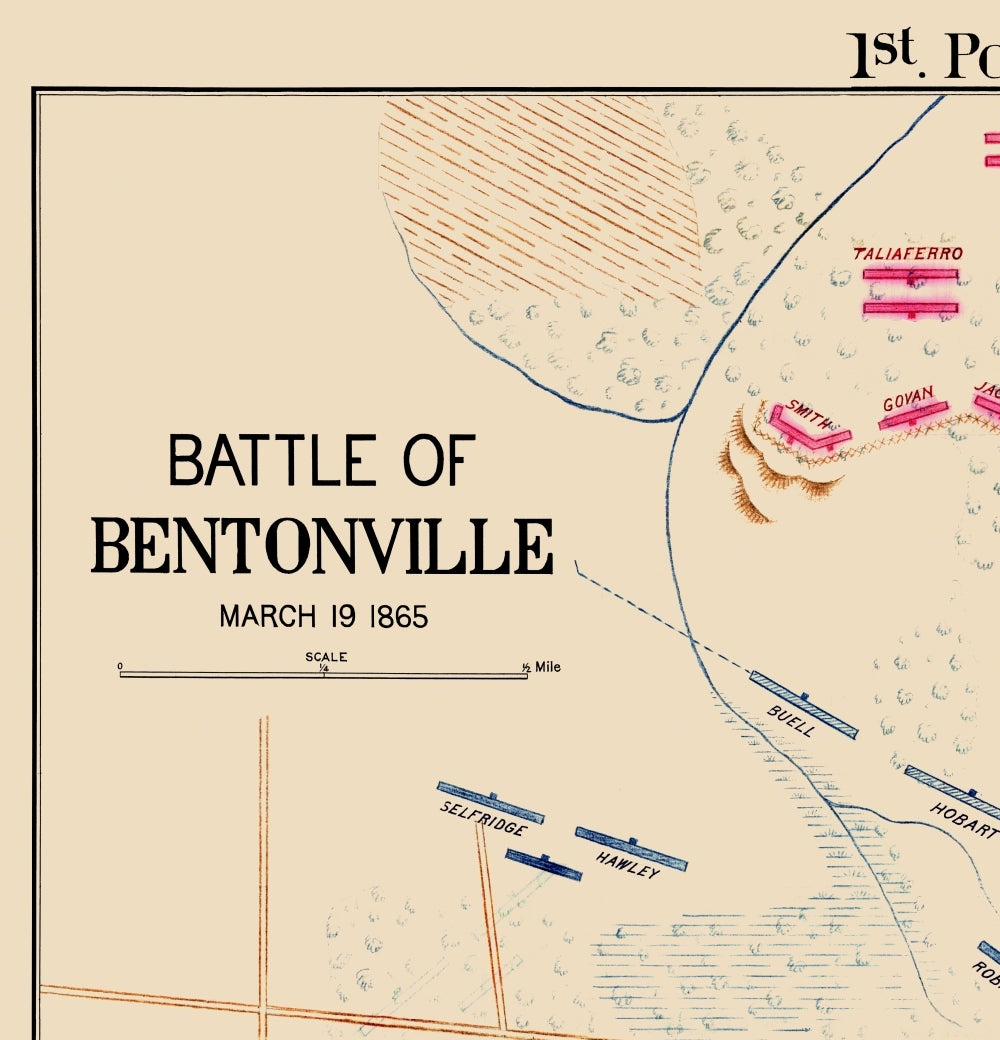 Historical Civil War Map - Bentonville North Carolina Battle 1st Position - 1865 - 23 x 23.92 - Vintage Wall Art