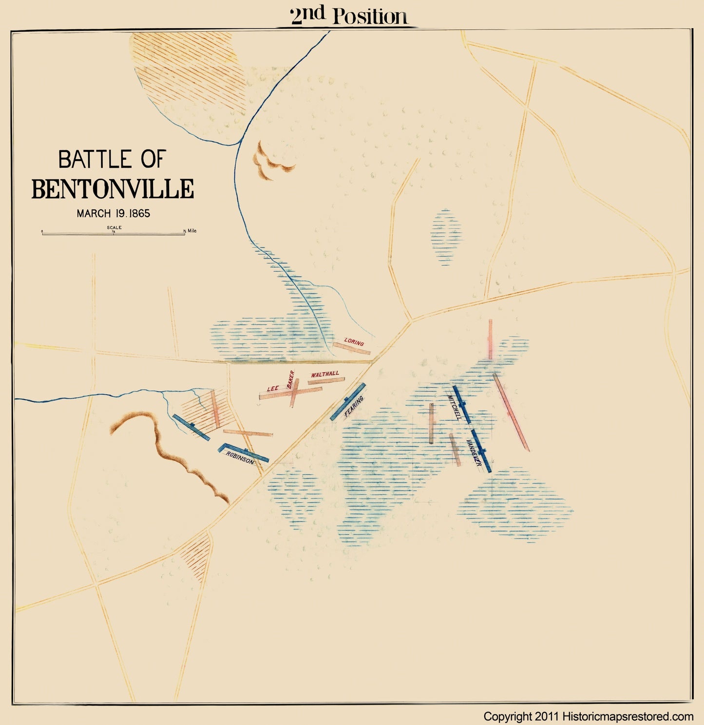 Historical Civil War Map - Bentonville North Carolina Battle 2nd Position - 1865 - 23 x 23.70 - Vintage Wall Art