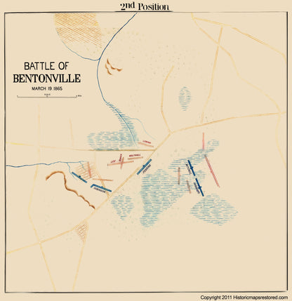 Historical Civil War Map - Bentonville North Carolina Battle 2nd Position - 1865 - 23 x 23.70 - Vintage Wall Art