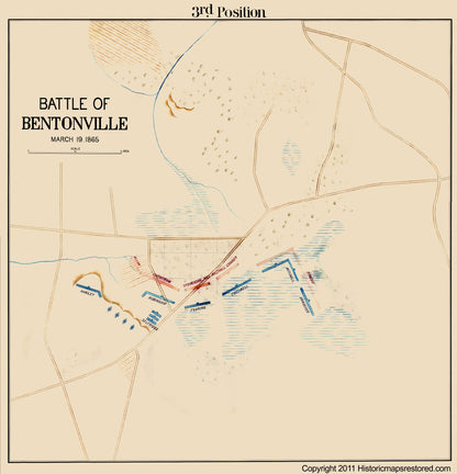 Historical Civil War Map - Bentonville North Carolina Battle 3rd Position - 1865 - 23 x 23.86 - Vintage Wall Art