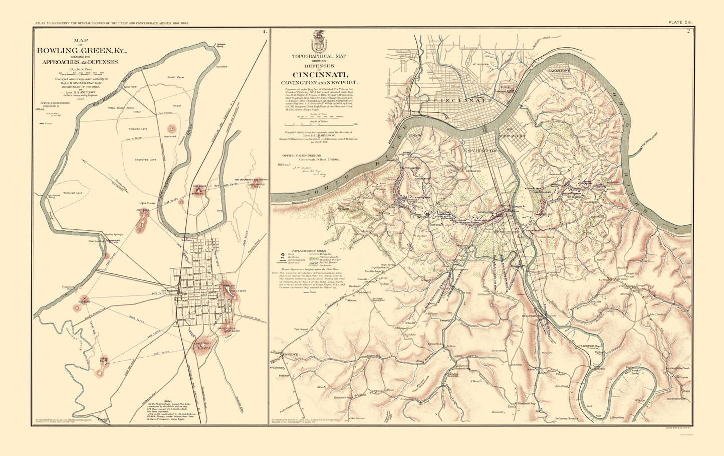 Historical Civil War Map - Bowling Green Cincinnati Defenses Approaches - Simpson 1895 - 23 x 36.55 - Vintage Wall Art