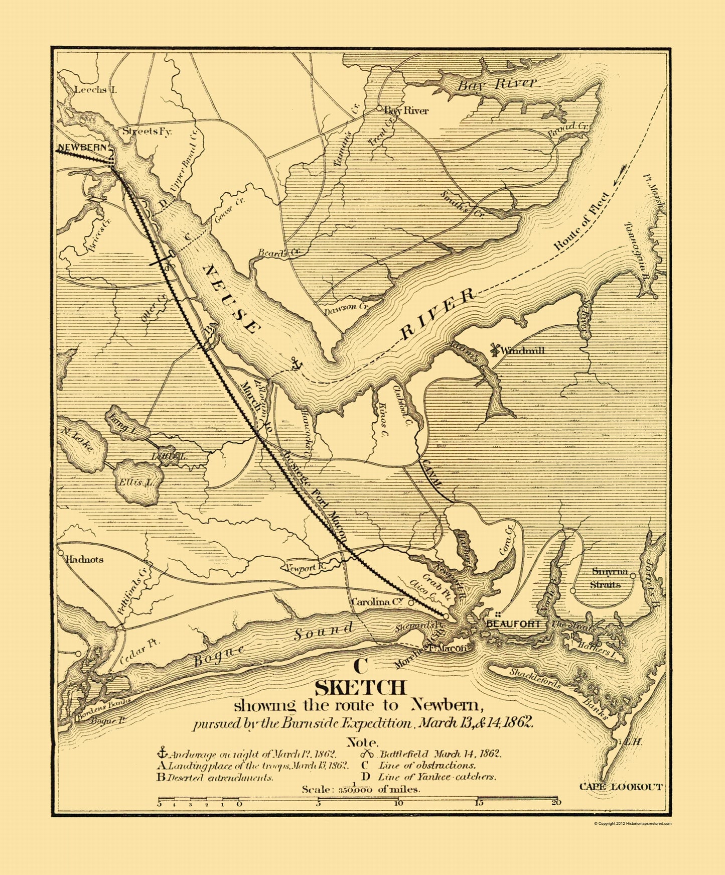 Historical Civil War Map - Newbern North Carolina Burnside Expedition Route - Foster 1866 - 23 x 27.75 - Vintage Wall Art