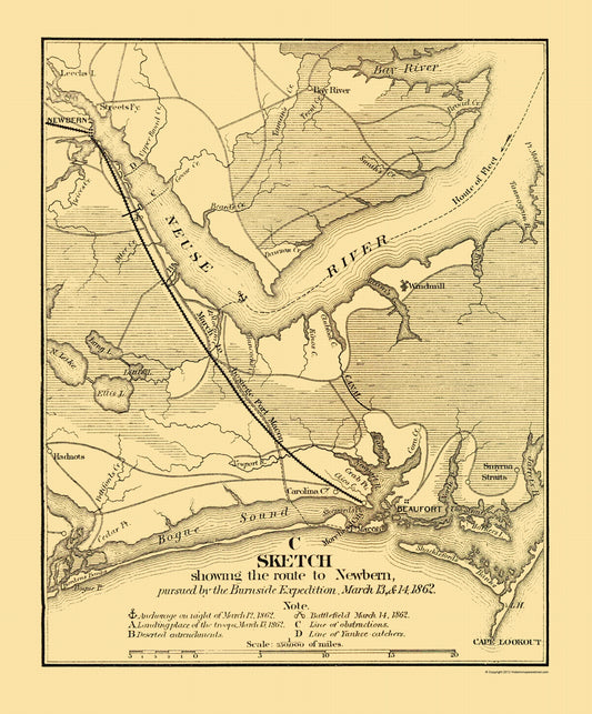 Historical Civil War Map - Newbern North Carolina Burnside Expedition Route - Foster 1866 - 23 x 27.75 - Vintage Wall Art