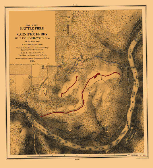 Historical Civil War Map - Carnifex Ferry West Virginia Battlefield - US Army Corps 1876 - 23 x 25.16 - Vintage Wall Art