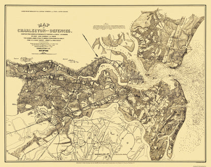 Historical Civil War Map - Charleston Defences - Walker 1885 - 29.06 x 23 - Vintage Wall Art