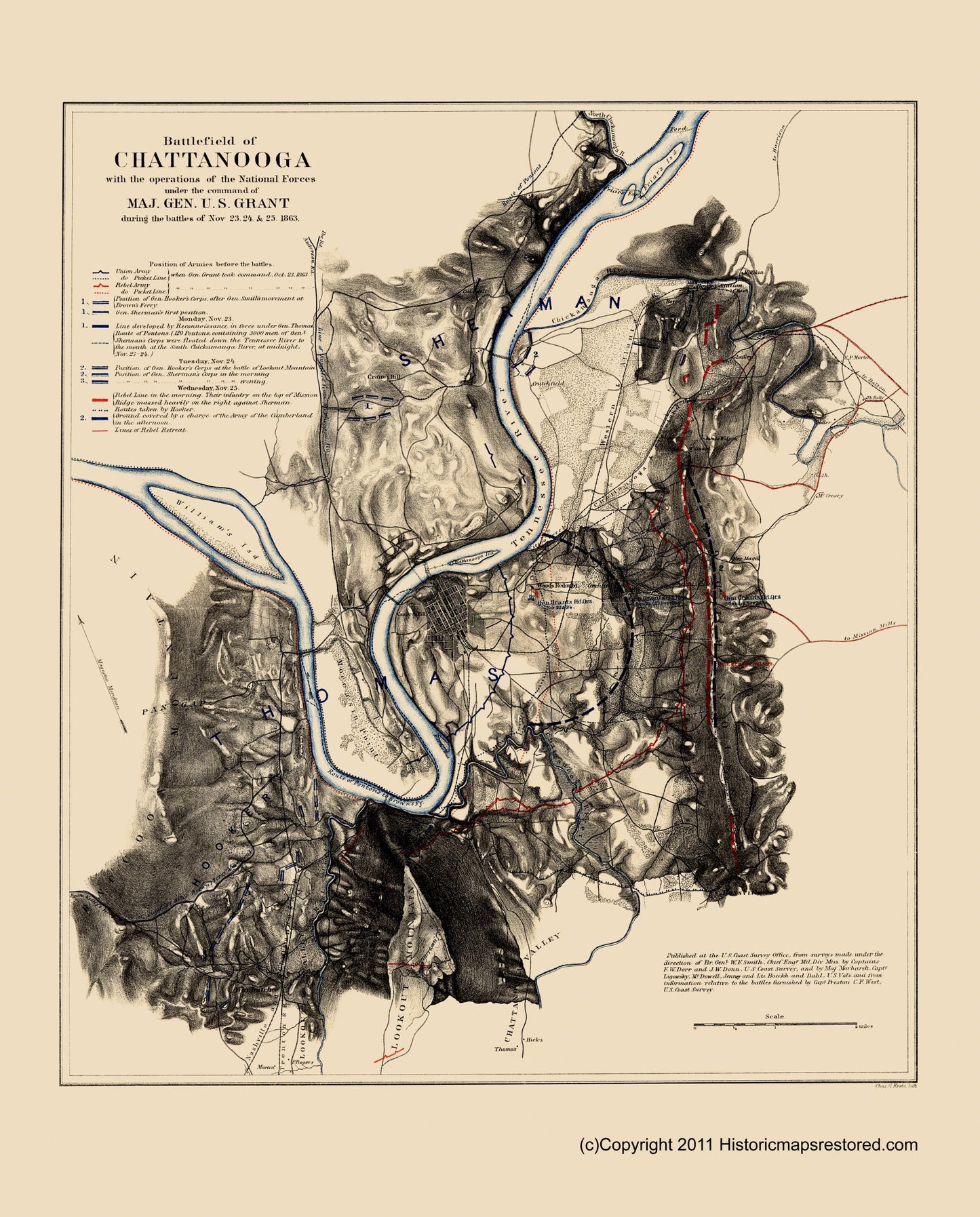 Historical Civil War Map - Chattanooga Battlefield - Smith 1863 - 23 x 28.57 - Vintage Wall Art