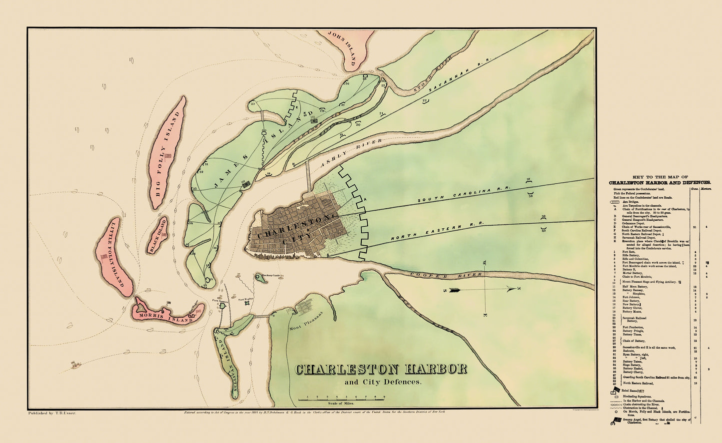 Historical Civil War Map - Charleston Harbor City Defences - Usser  1864 - 23 x 37.46 - Vintage Wall Art