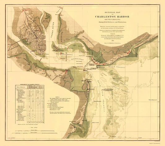 Historical Civil War Map - Charleston Harbor South Carolina - Krebs 1865 - 23 x 25 - Vintage Wall Art