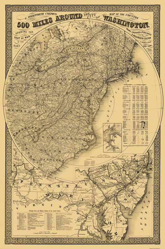 Historical Civil War Map - Washington DC 500 Miles Around - Colton 1861 - 23 x 34.5 - Vintage Wall Art