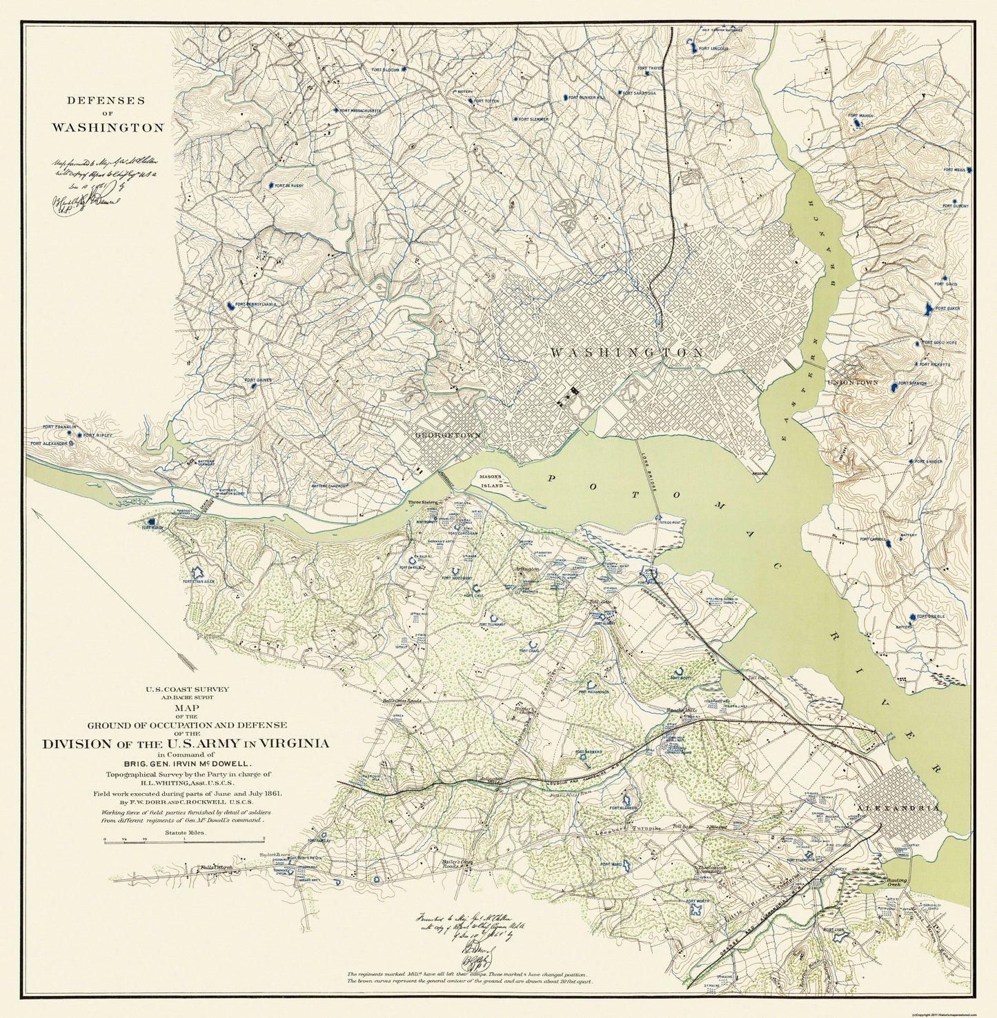 Historical Civil War Map - Washington DC Defenses - Bache 1861 - 23 x 23.5 - Vintage Wall Art