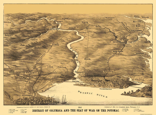 Historical Civil War Map - Washington DC Potomac Battle - Bohn 1861 - 31 x 23 - Vintage Wall Art