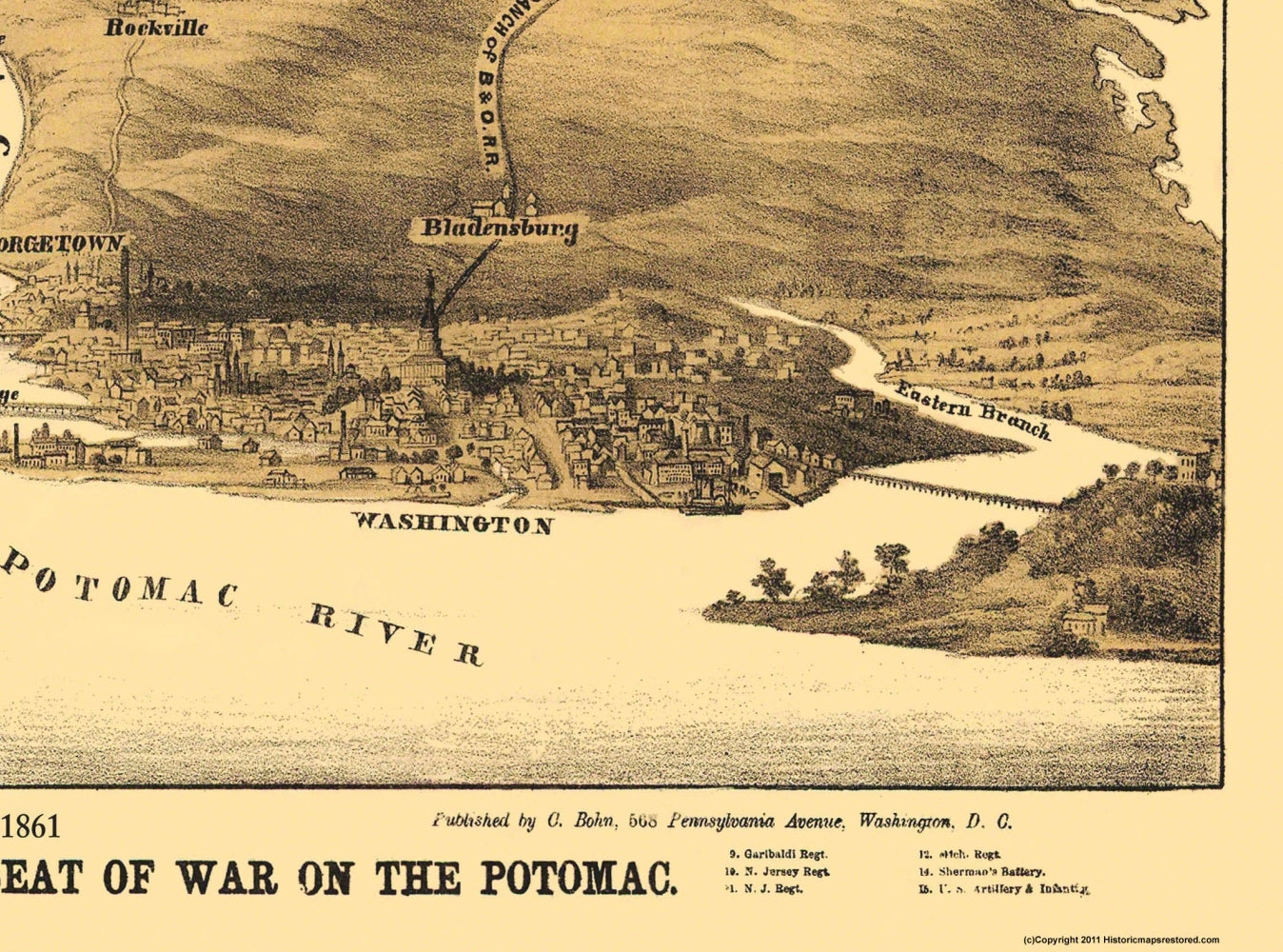 Historical Civil War Map - Washington DC Potomac Battle - Bohn 1861 - 31 x 23 - Vintage Wall Art