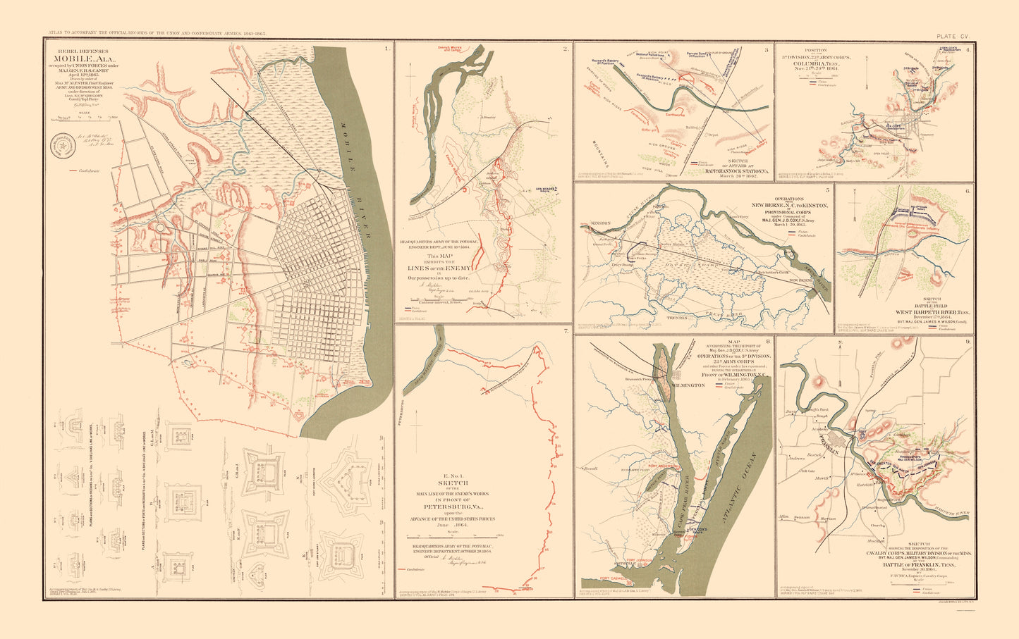 Historical Civil War Map - Alabama Virginia Tennessee Rebel Defenses - Bien  1895 - 23 x 36.67 - Vintage Wall Art