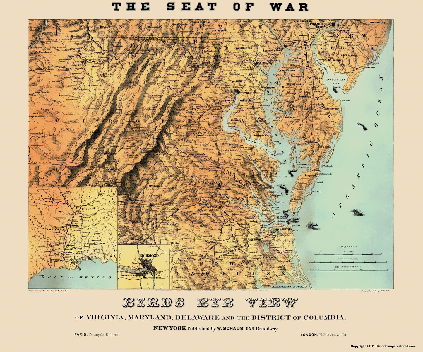 Historical Civil War Map - Virginia Maryland Delaware Washington DC - Schaus 1861 - 23 x 27.66 - Vintage Wall Art