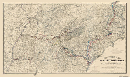 Historical Civil War Map - United States Forces Marches - Sherman 1865 - 23 x 38.66 - Vintage Wall Art