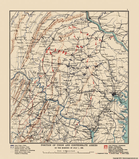 Historical Civil War Map - Gettysburg Pennsylvania Calvary Positions - Sneden 1863 - 23 x 26.17 - Vintage Wall Art