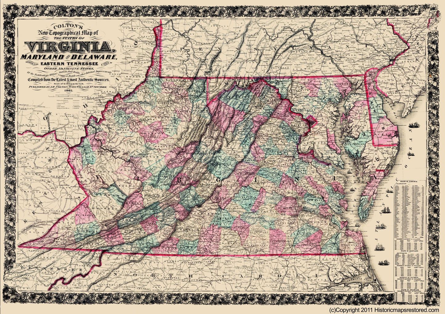 Historic State Map - Virginia Maryland Delaware - Colton 1862 - 23 x 32.52 - Vintage Wall Art