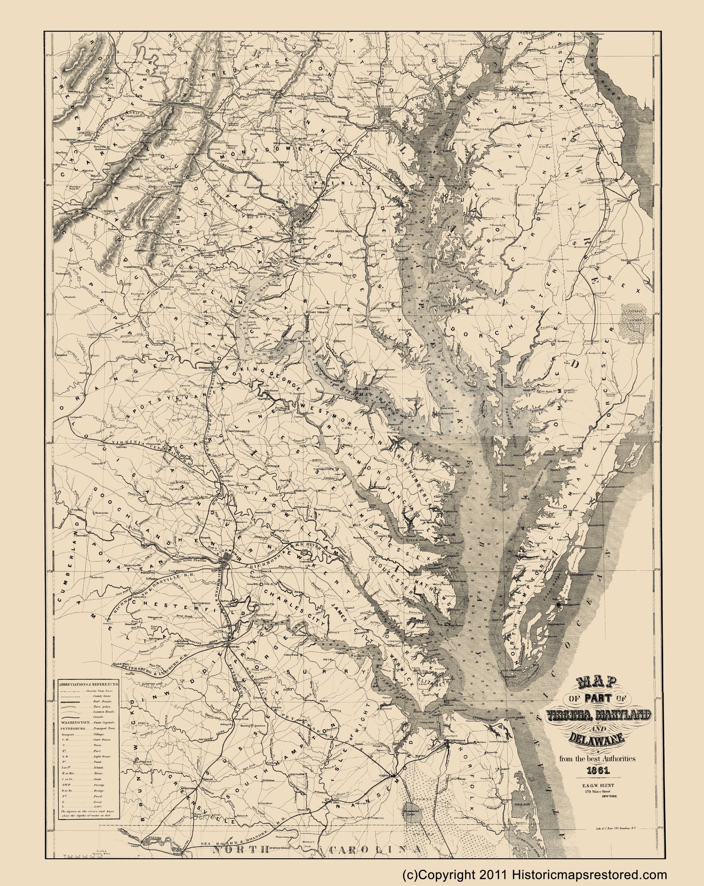 Historical Civil War Map - Virginia Maryland Delaware - Blunt 1861 - 23 x 28.92 - Vintage Wall Art