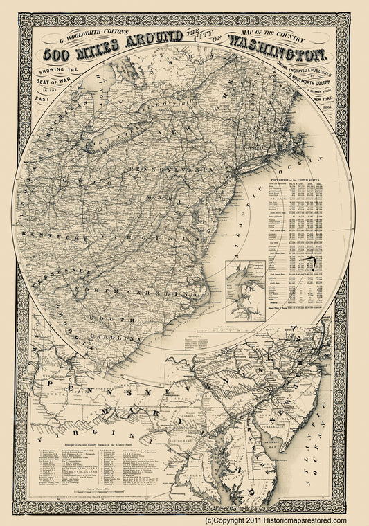 Historical Civil War Map - Washington DC 500 Mile Vicinity - Colton 1861 - 23 x 32.79 - Vintage Wall Art