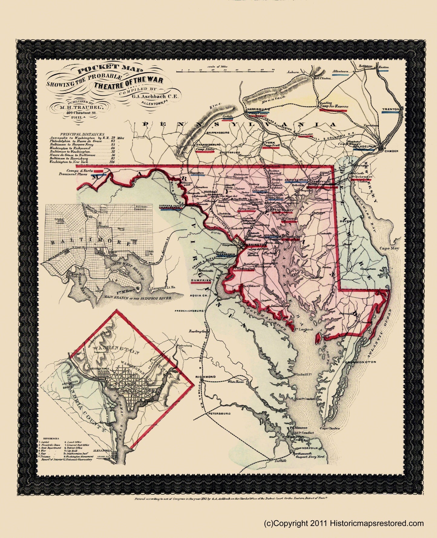 Historical Civil War Map - Marlyand Pennsylvania Virginia - Traubel 1861 - 23 x 28.33 - Vintage Wall Art