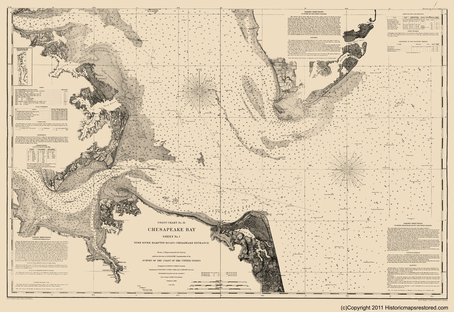 Historical Civil War Map - Chesapeake Bay Entrance - Bache 1863 - 23 x 33.46 - Vintage Wall Art