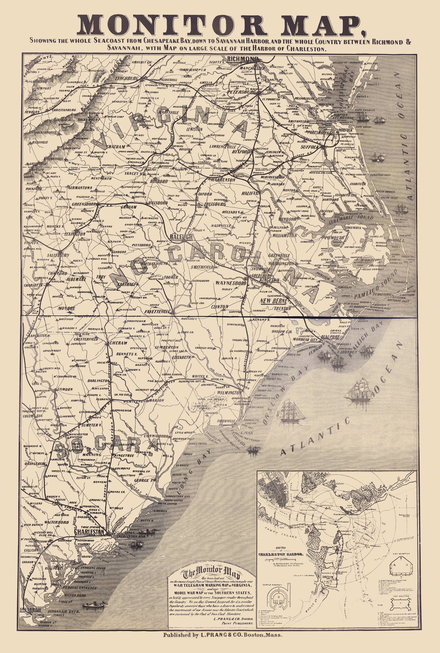 Historical Civil War Map - Carolinas Virginia Coasts- Prang 1863 - 23 x 34.14 - Vintage Wall Art