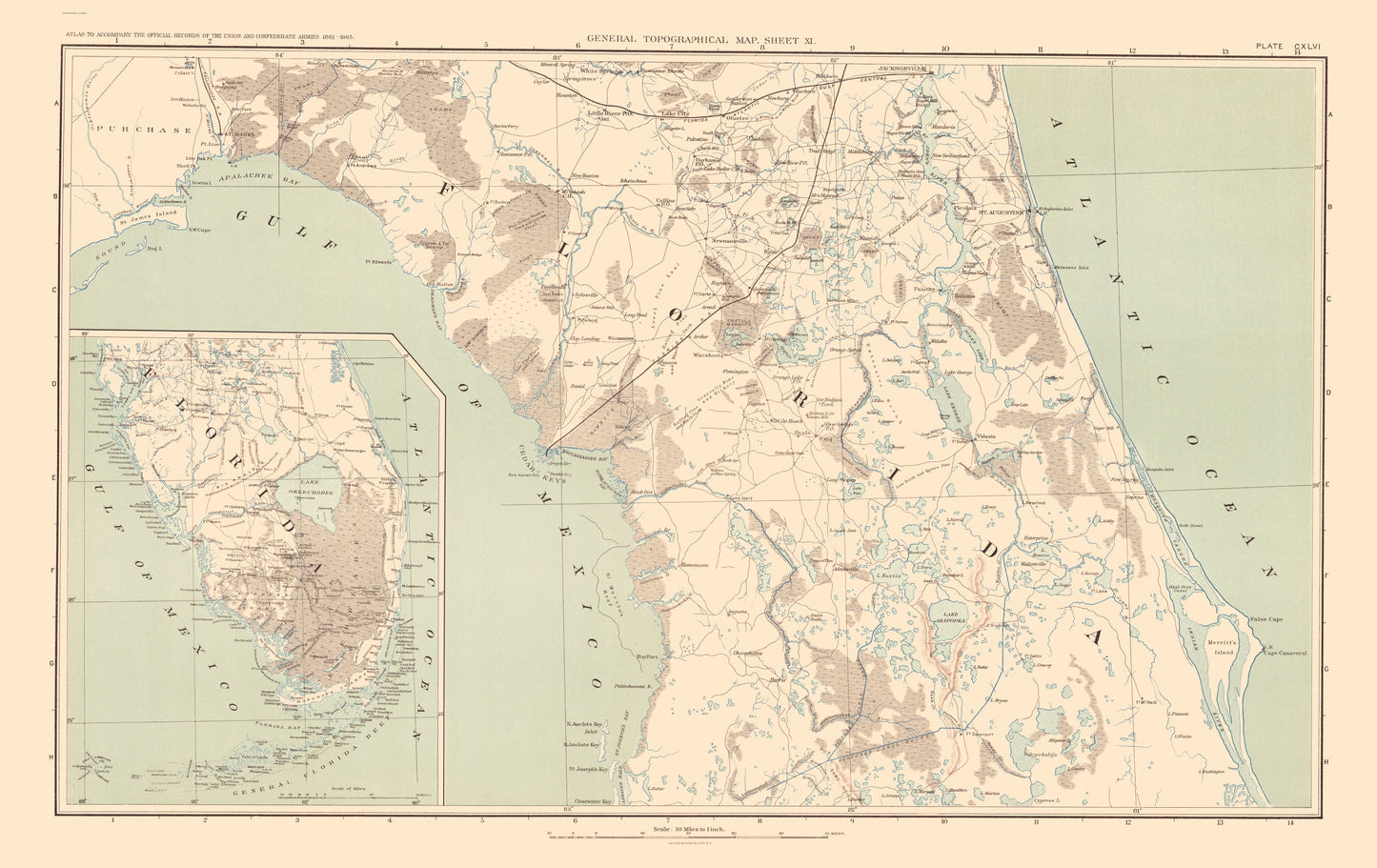 Historical Civil War Map - Florida Pennisula Lower - Bien 1895 - 23 x 36.50 - Vintage Wall Art