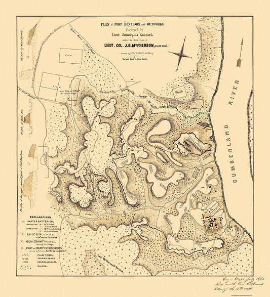 Historical Civil War Map - Fort Donelson Outworks Tennessee - McPherson 1876 - 23 x 25.31 - Vintage Wall Art