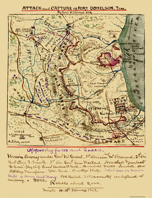 Historical Civil War Map - Fort Donelson Tennessee Attack Capture - Grant 1862 - 23 x 30 - Vintage Wall Art