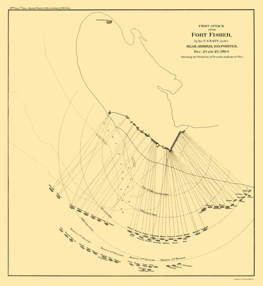 Historical Civil War Map - Fort Fisher North Carolina First Attack - Porter 1865 - 23 x 24.95 - Vintage Wall Art