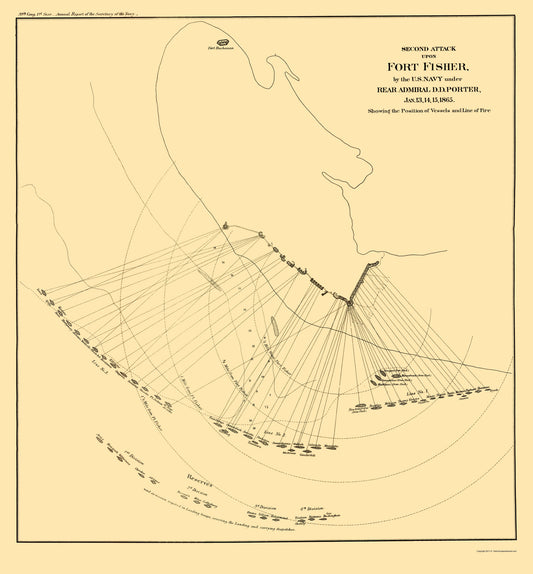 Historical Civil War Map - Fort Fisher North Carolina Second Attack - Porter 1865 - 23 x 24.76 - Vintage Wall Art