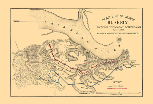 Historical Civil War Map - Blakely Alabama Battle - US Army Corps 1865 - 23 x 33.92 - Vintage Wall Art