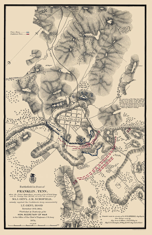 Historical Civil War Map - Franklin Tennessee Battlefield - Schofield 1874 - 23 x 35.45 - Vintage Wall Art