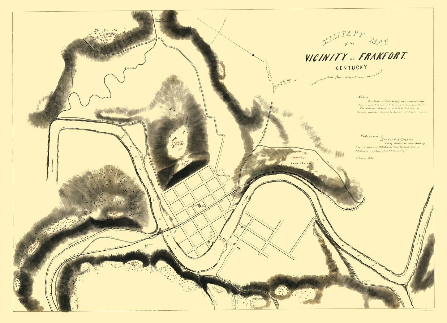 Historical Civil War Map - Frankfort Kentucky Military Area - Brooks 1863 - 23 x 31.80 - Vintage Wall Art