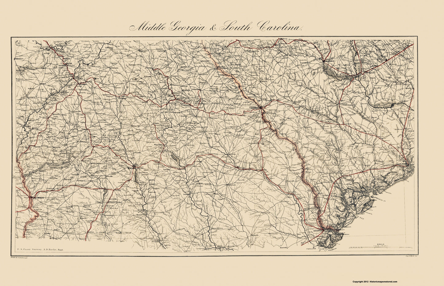 Historical Civil War Map - Georgia Central South Carolina - Bache 1865 - 23 x 35.73 - Vintage Wall Art