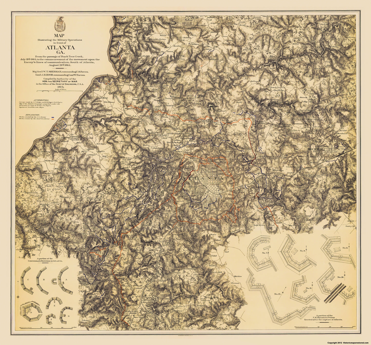 Historical Civil War Map - Atlanta Georgia Military Operations - Bien 1875 - 23 x 24.73 - Vintage Wall Art