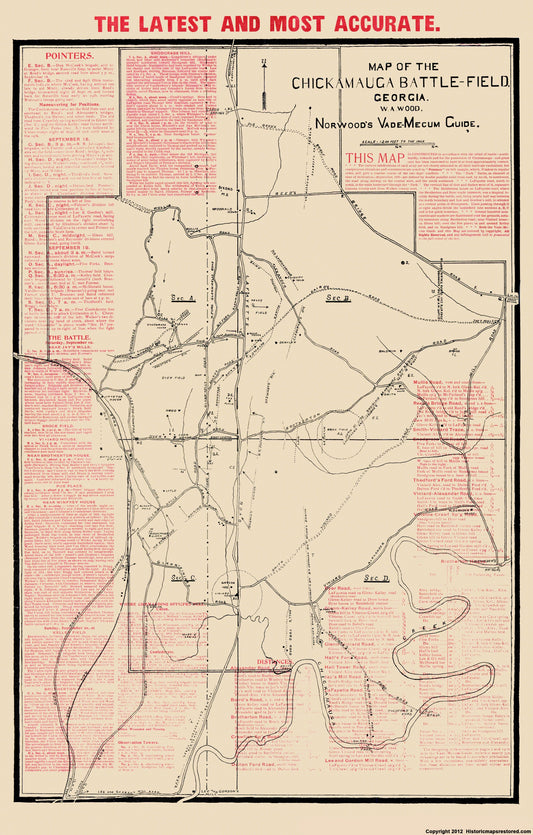 Historical Civil War Map - Chickamauga Georgia Battlefield - Norwood 1895 - 23 x 36.04 - Vintage Wall Art