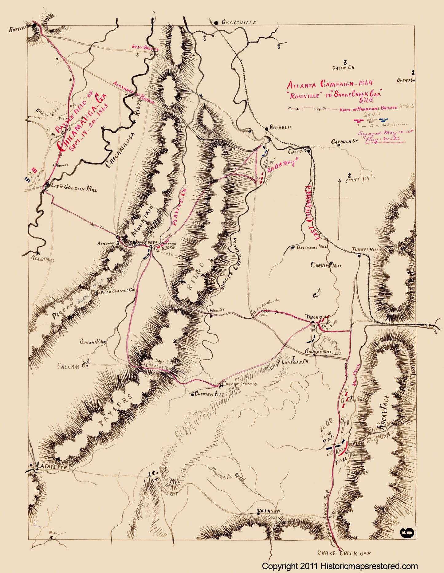 Historical Civil War Map - Chickamauga Georgia Battlefield - 1864 - 23 x 29.69 - Vintage Wall Art