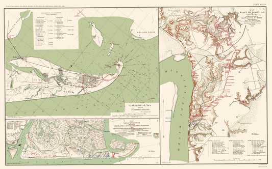 Historical Civil War Map - Galveston Charleston Port Hudson - Bien 1891 - 23 x 36.89 - Vintage Wall Art