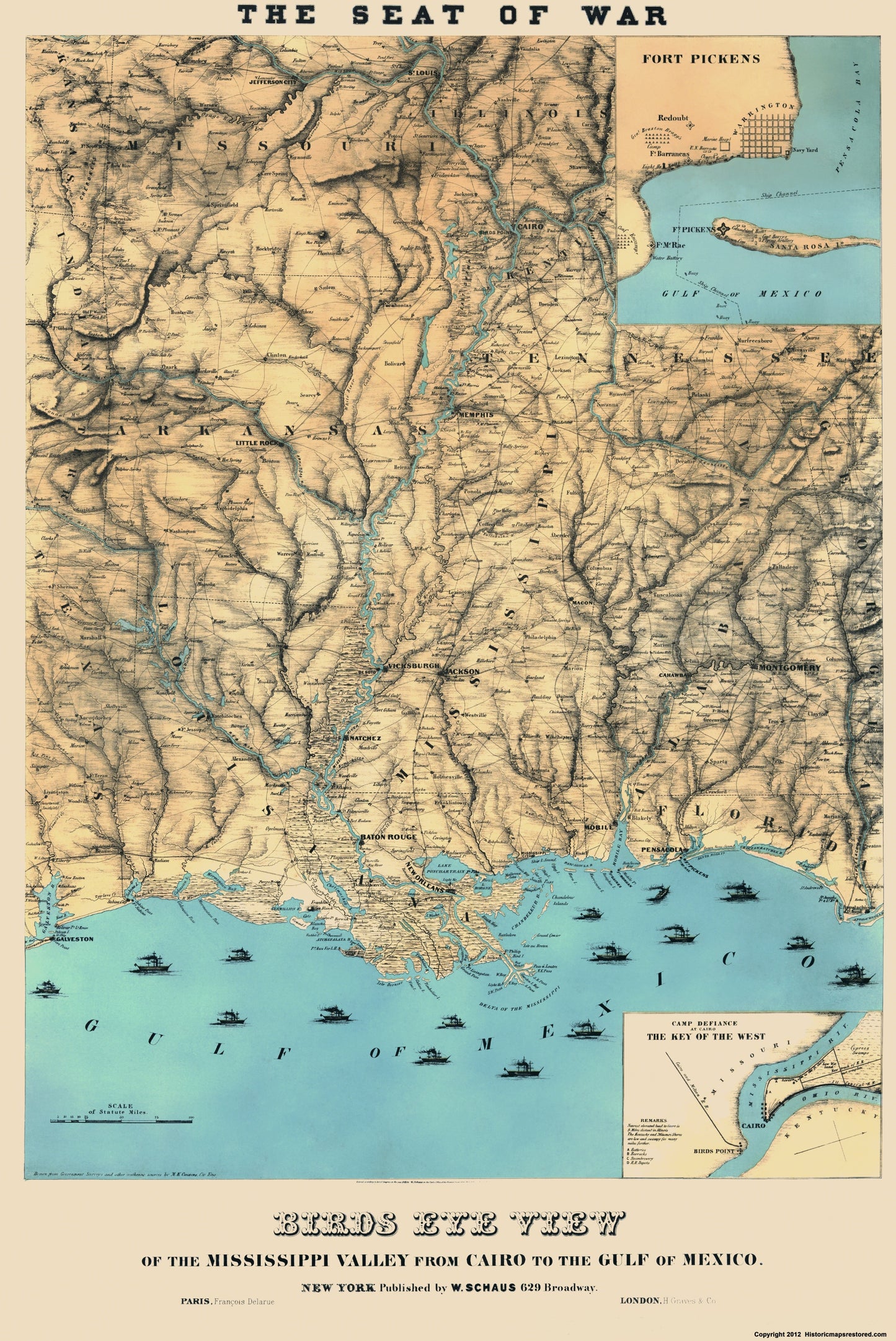 Historical Civil War Map - Cairo Mississippi Gulf of Mexico - Schaus 1861 - 23 x 34.42 - Vintage Wall Art