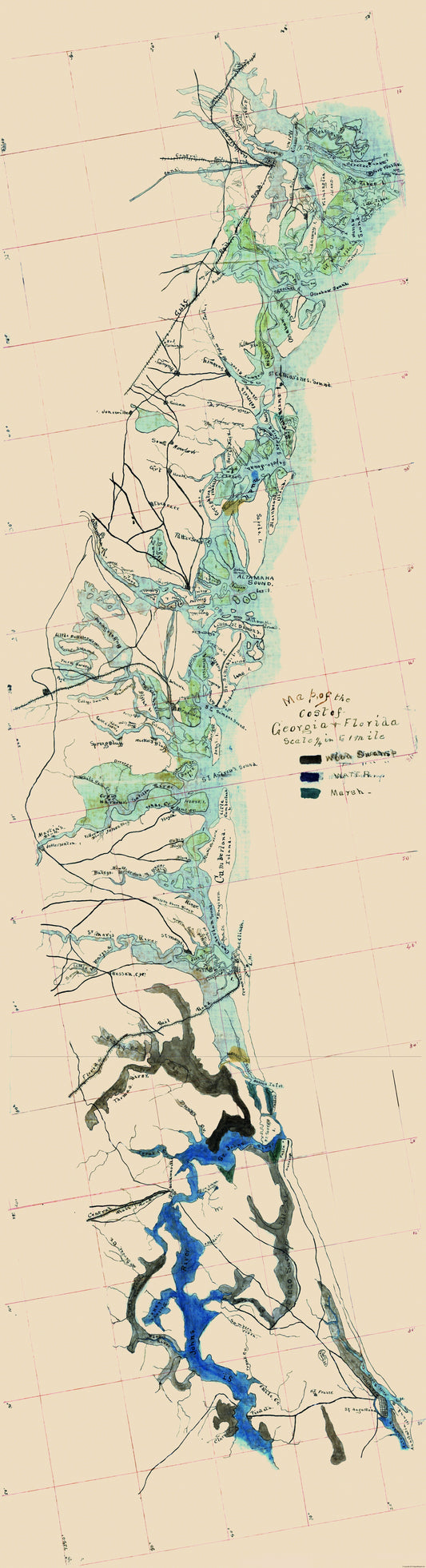 Historical Civil War Map - Georgia Florida Coast - 1863 - 23 x 84.71 - Vintage Wall Art
