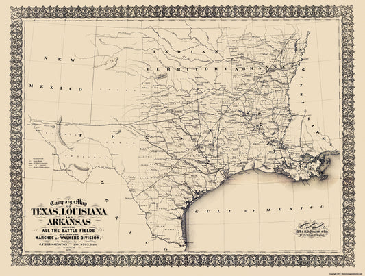 Historical Civil War Map - Texas Louisiana Arkansas Campaign - Blessington 1871 - 23 x 30.44 - Vintage Wall Art