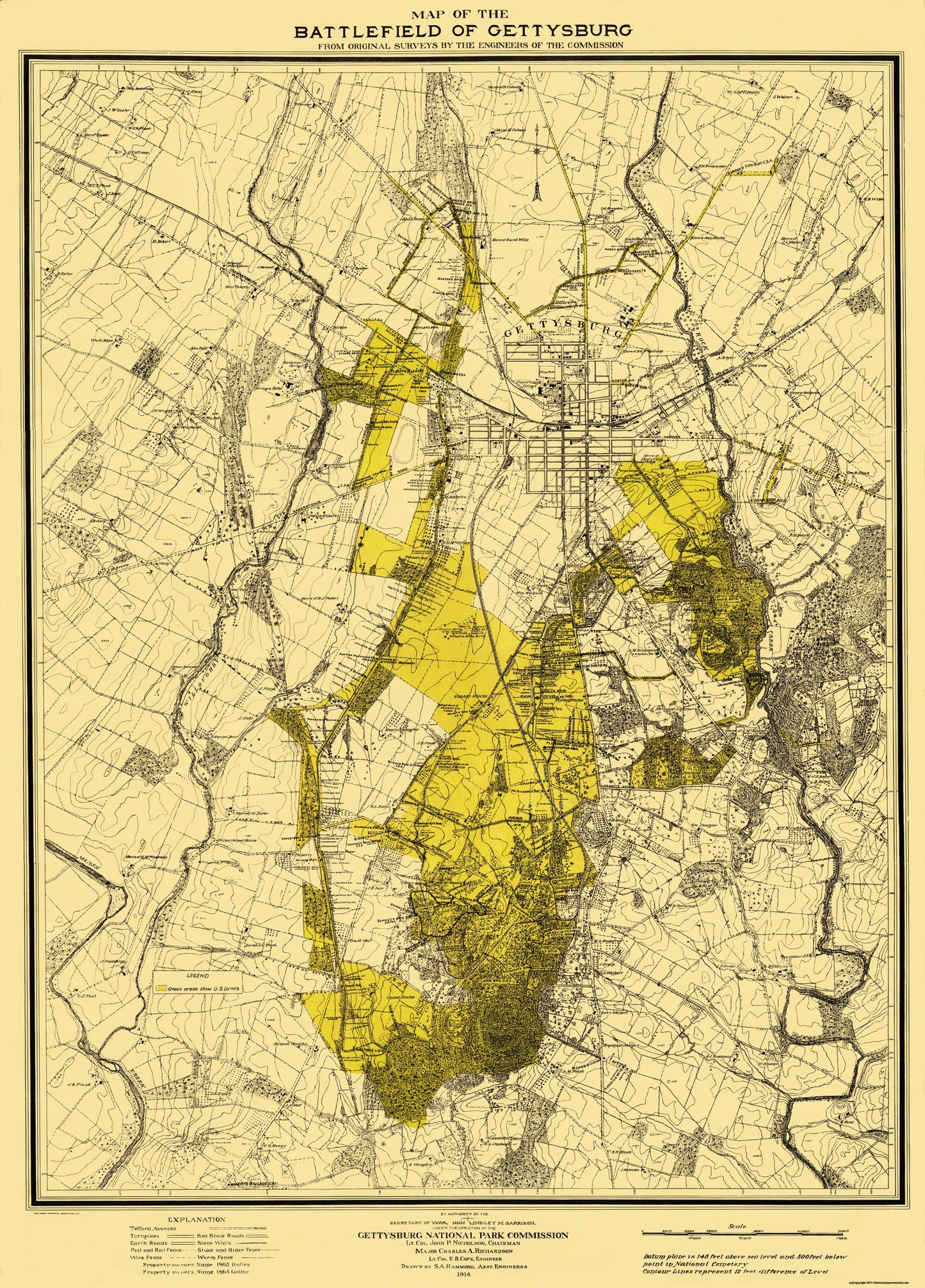 Historical Civil War Map - Gettysburg Pennsylvania Battlefield - Hammond 1914 - 23 x 32 - Vintage Wall Art