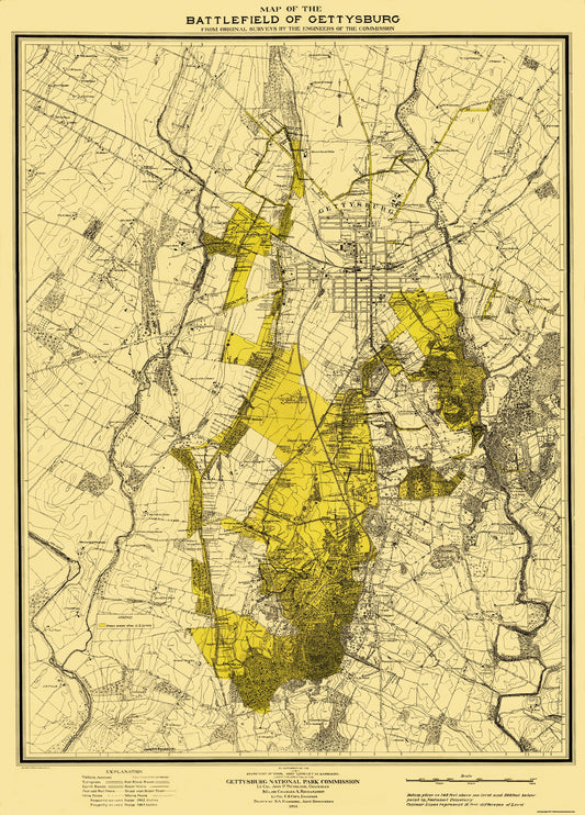 Historical Civil War Map - Gettysburg Pennsylvania Battlefield - Hammond 1914 - 23 x 32 - Vintage Wall Art