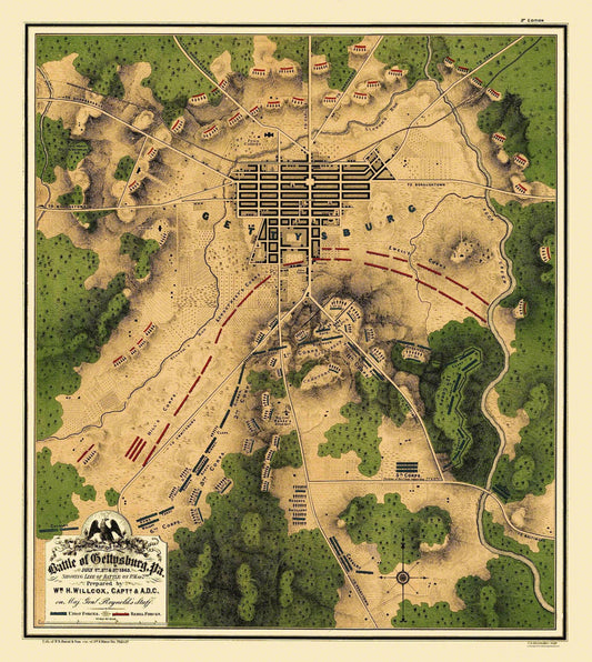 Historical Civil War Map - Gettysburg Pennsylvania Battle - Willcox 1863 - 23 x 25.75 - Vintage Wall Art