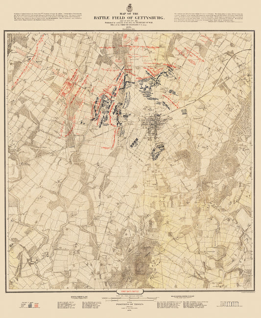 Historical Civil War Map - Gettysburg Battlefield First Day - Warren 1876 - 23 x 28.11 - Vintage Wall Art